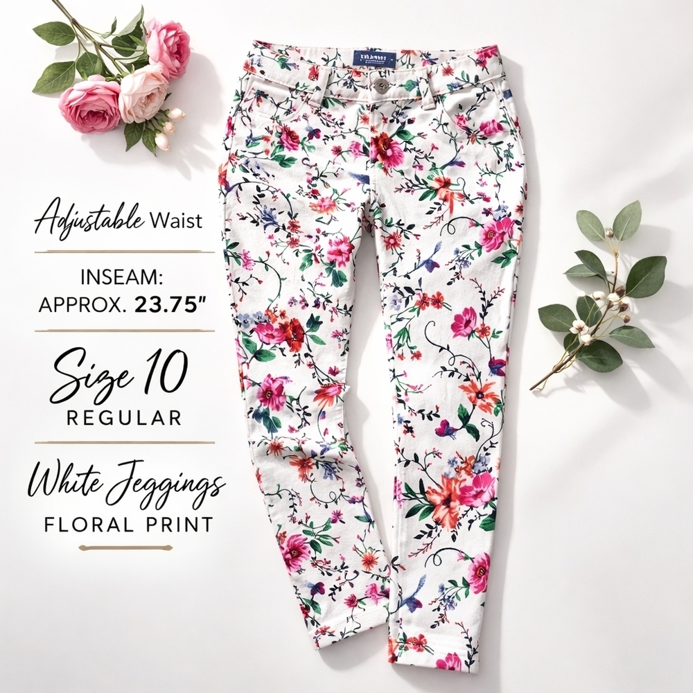 Old Navy Girls Rockstar Floral Jeggings Size 10 R White Skinny Adjustable Waist